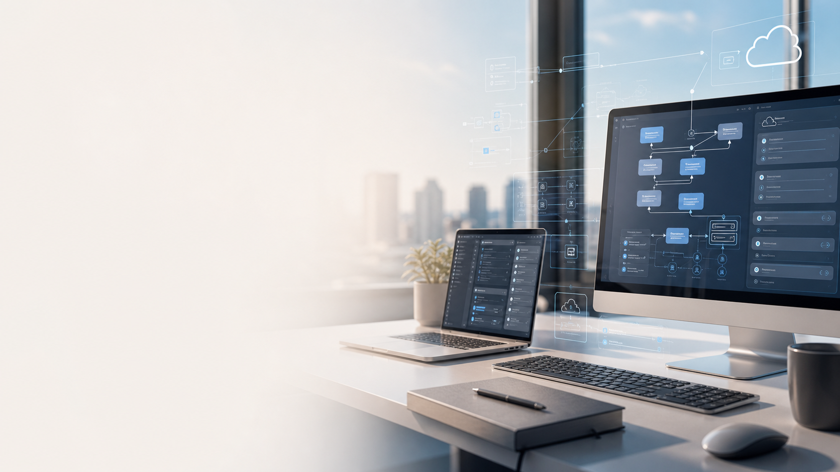 Modern software engineering workspace with cloud architecture interface overlays